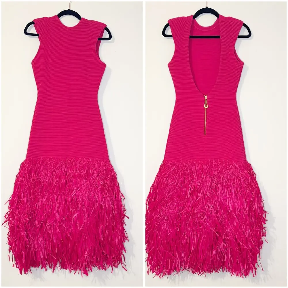 Aje Rushes Raffia Pink Ribbed Midi Dress Small NWT - Picture 4 of 10